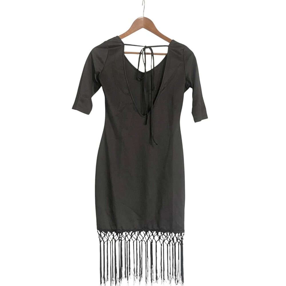 Sultry Back Tie Fringe Mini Dress 🖤 Deep Plunge Back | Night Out / Party Fit - Picture 6 of 8
